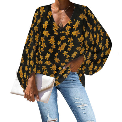 Black and Gold Ditsy Floral Blouse – Loose Fit Chiffon Puff Sleeve Blouse for Women V-Neck by Luxtrini 4XL