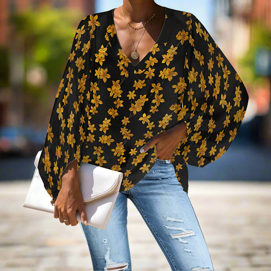 Black and Gold Ditsy Floral Blouse – Loose Fit Chiffon Puff Sleeve Blouse for Women V-Neck by Luxtrini