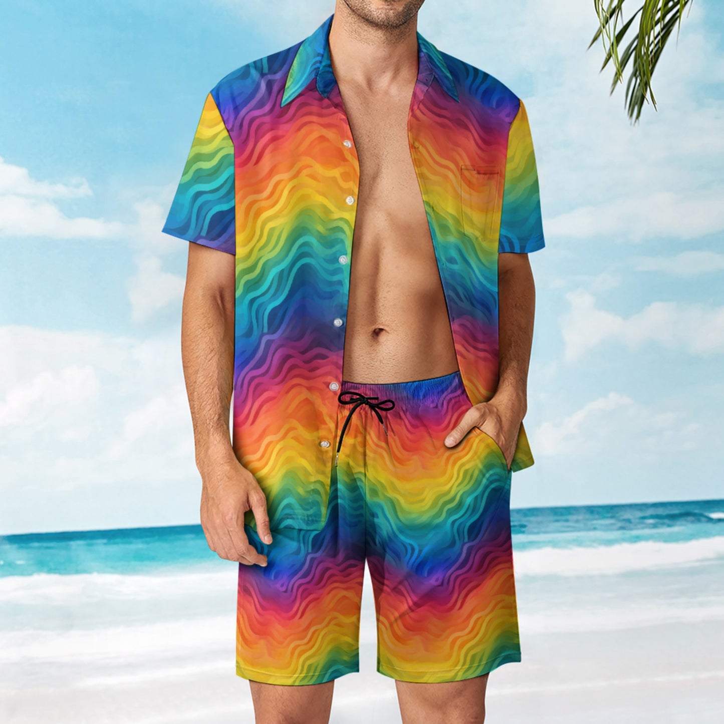 Wavy Rainbow Men's Retro V-Neck Peach Skin Suit - Lightweight, Comfortable, Quick-Drying, Perfect for Summer