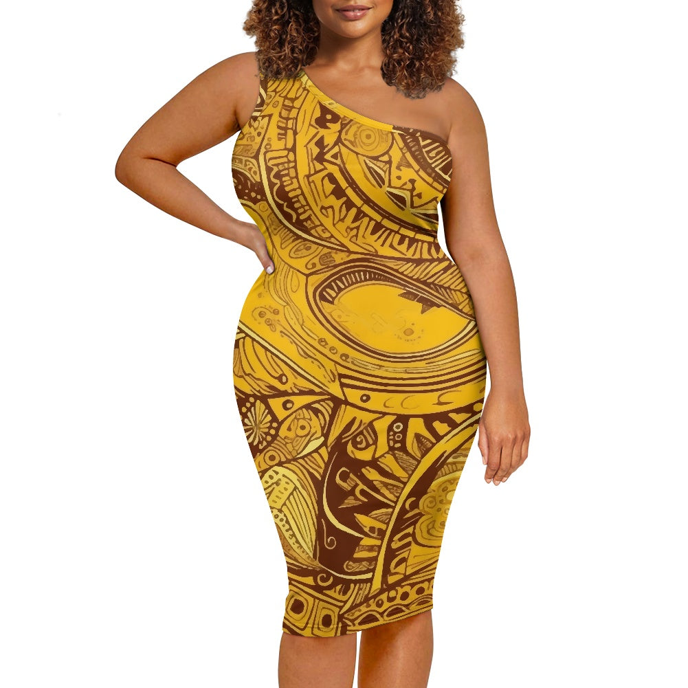 Discover Elegance: Luxtrini's One-Shoulder Slim Dress - Ethnic Yellow