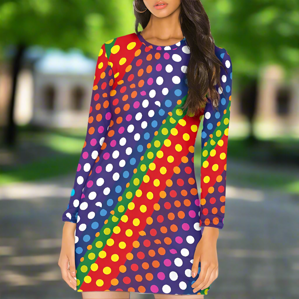 🌈Rainbow Polka Dot Long Sleeve Slim Dress – LGBTQ+ Friendly Bodycon Midi by Luxtrini | Handmade, Breathable & Bold
