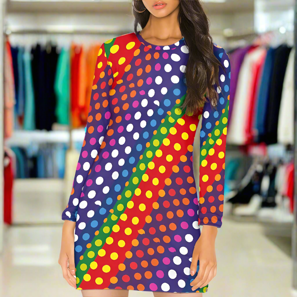 🌈Rainbow Polka Dot Long Sleeve Slim Dress – LGBTQ+ Friendly Bodycon Midi by Luxtrini | Handmade, Breathable & Bold