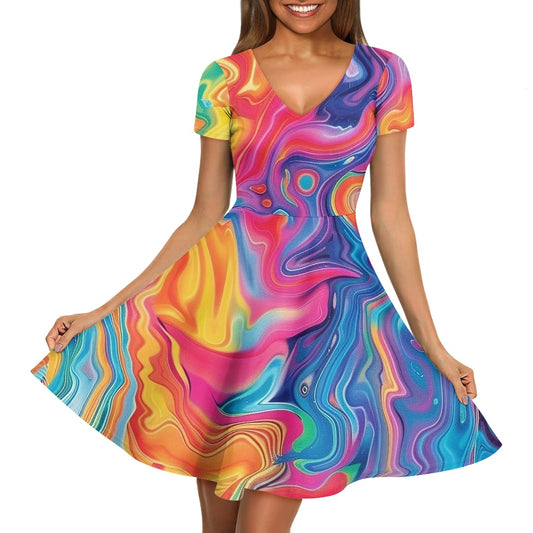 Women V-Neck Short Sleeve Ruffle Dress