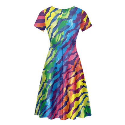 Luxtrini Rainbow Animal Print Womens Scoop Neck Short Sleeve Ruffle Dress - Vibrant, Custom Handmade, Perfect for All Occasions