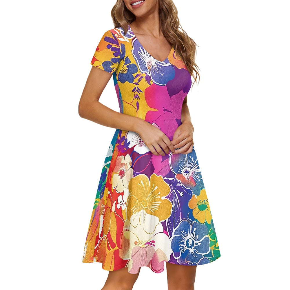 Rainbow Flowers Women V-Neck Short Sleeve Ruffle Dress