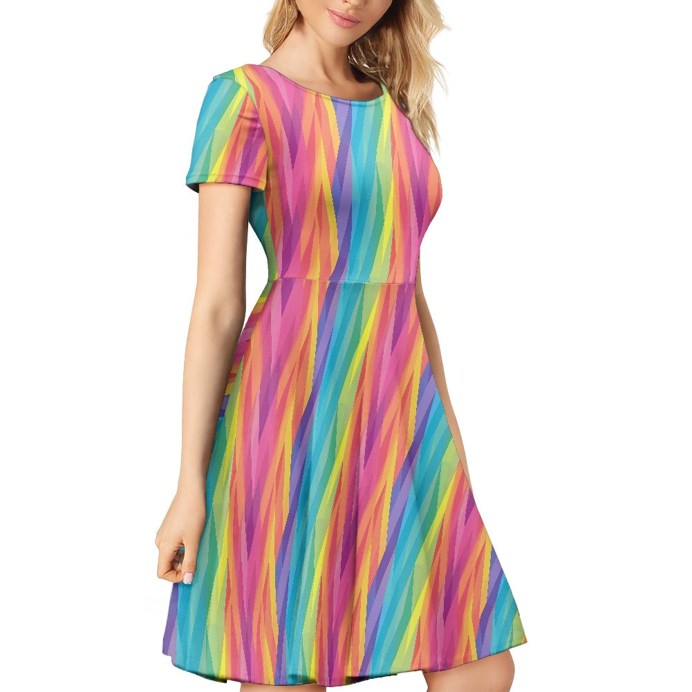 Rainbow Chevron Women Scoop Neck Short Sleeve Ruffle Dress