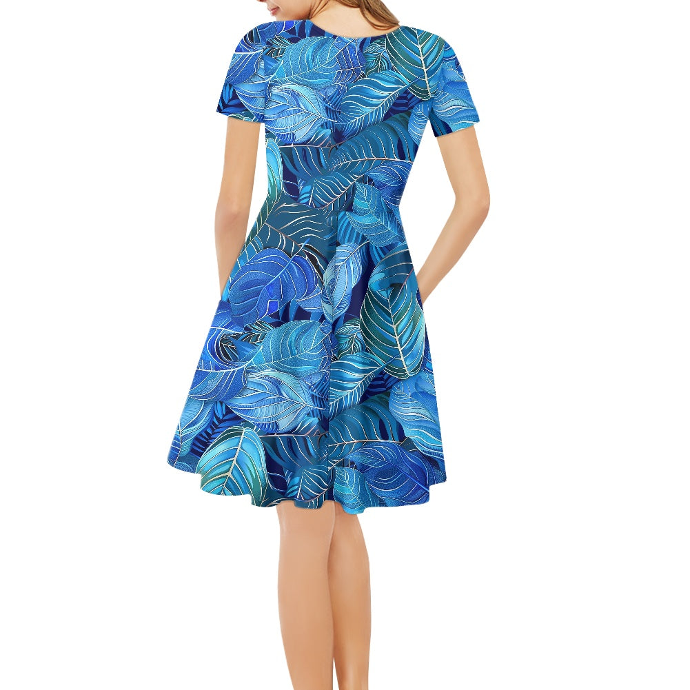 Blue Leaves Women V-Neck Short Sleeve Ruffle Dress