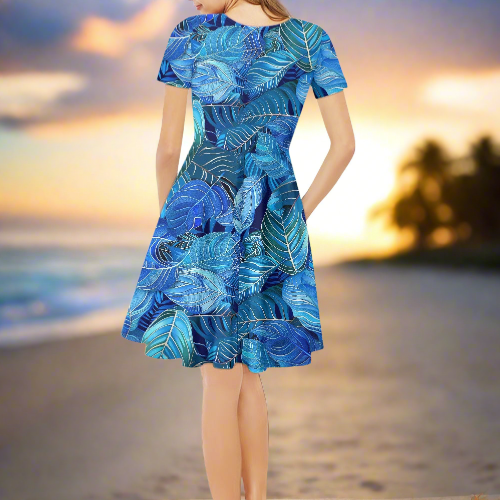 Blue Leaves Women V-Neck Short Sleeve Ruffle Dress