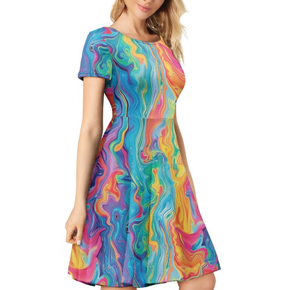 Women Scoop Neck Short Sleeve Ruffle Dress