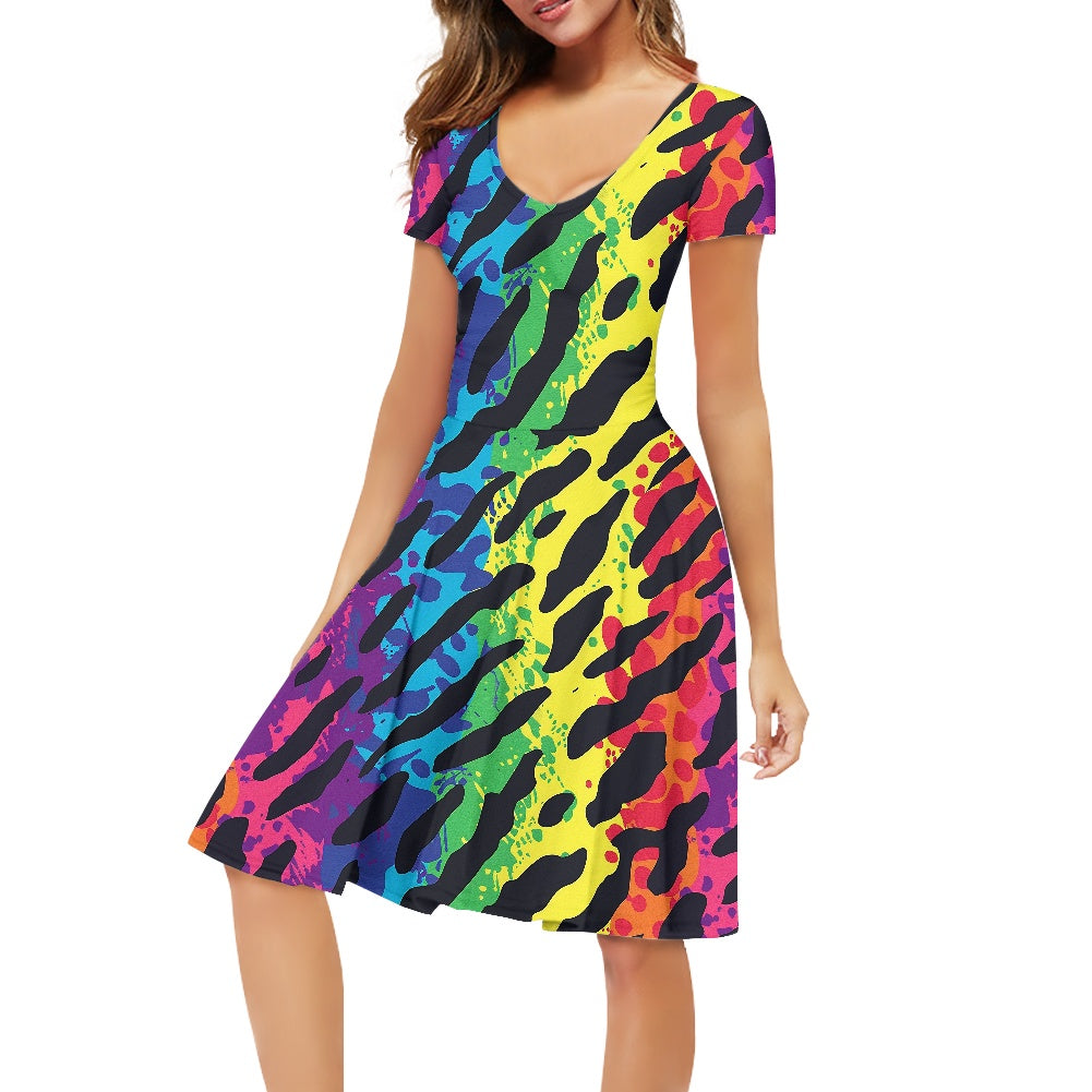 Animal Print Women V-Neck Short Sleeve Ruffle Dress