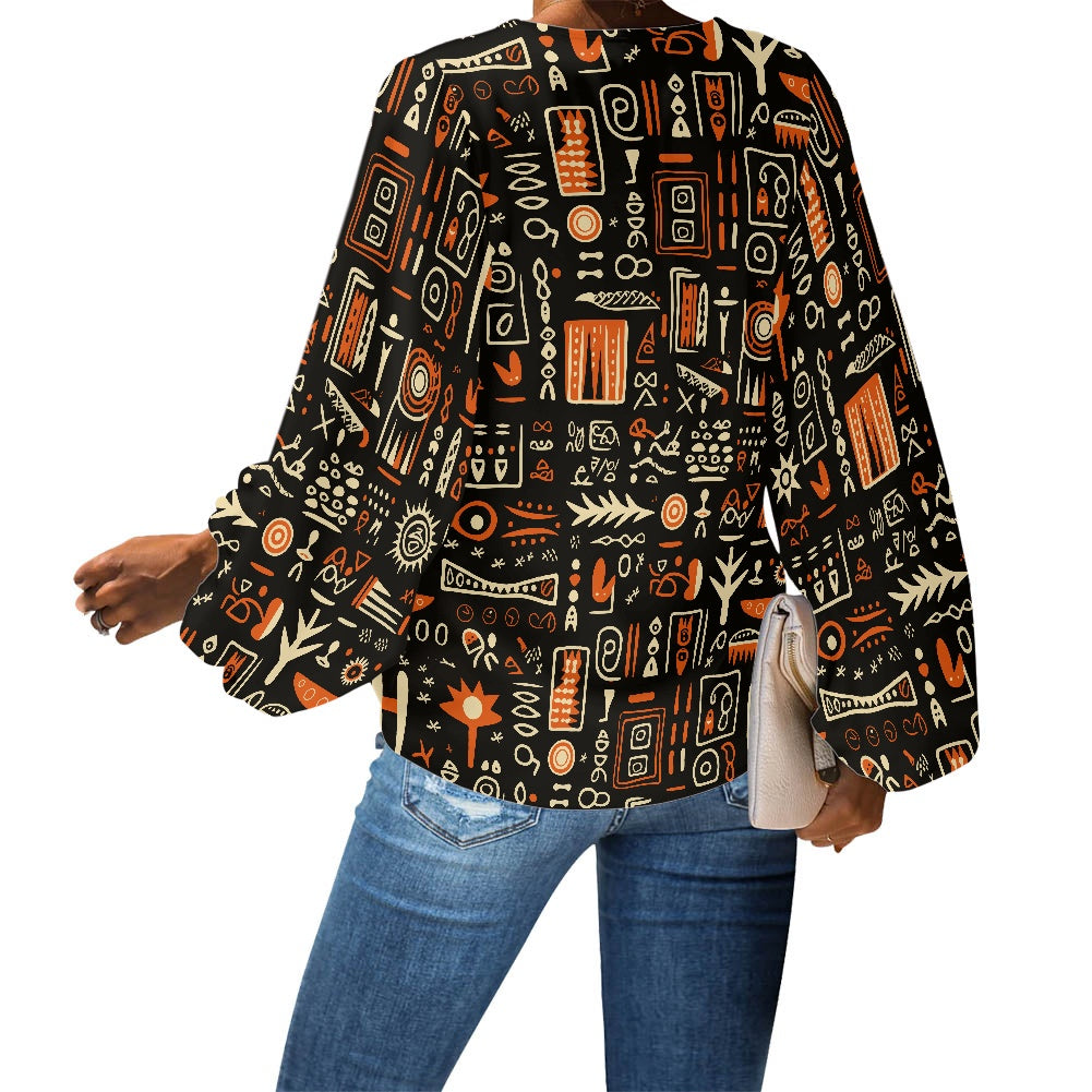 African Ethnic Glyphs V-Neck Chiffon Puff Sleeve Blouse by Luxtrini