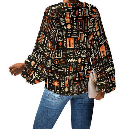 African Ethnic Glyphs V-Neck Chiffon Puff Sleeve Blouse by Luxtrini