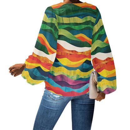 V-Neck Chiffon Puff Sleeve Blouse by Luxtrini