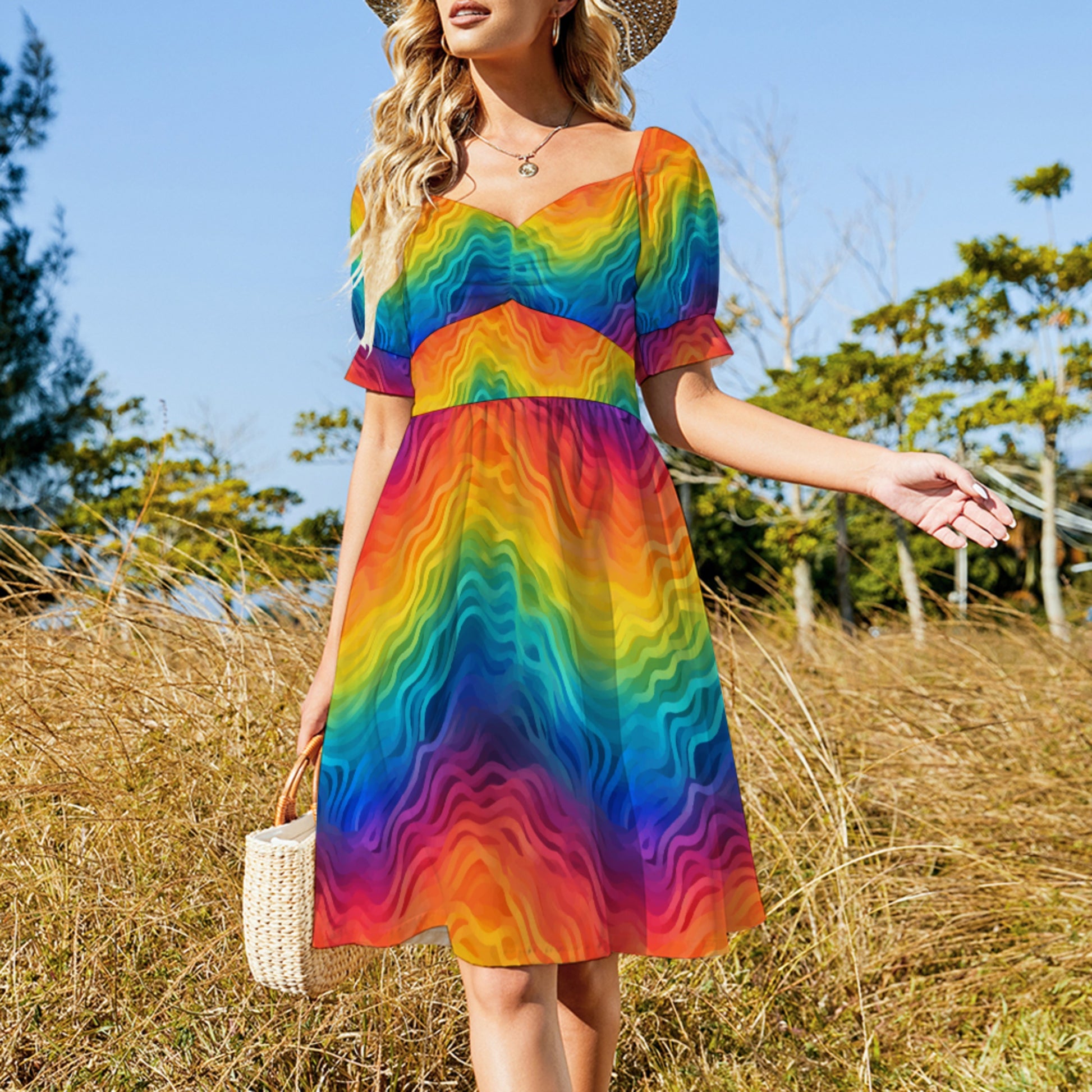 Rainbow Puff Sleeve Dress – Flowy Pride Midi, Short Sleeves & Slim Waist – Colorful Festival or Summer Outfit
