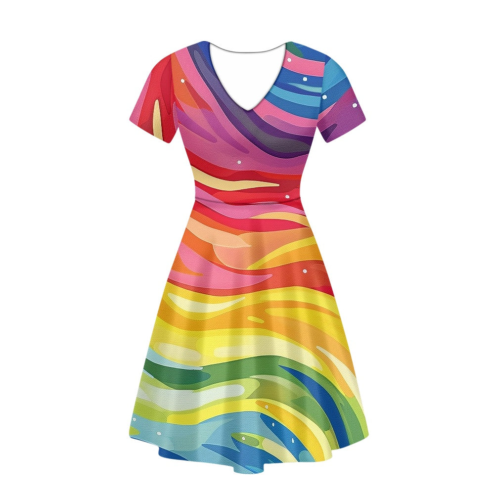 Rainbow Women V-Neck Short Sleeve Ruffle Dress white