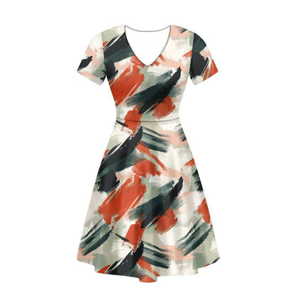 Abstract Painting Women V-Neck Short Sleeve Ruffle Dress white