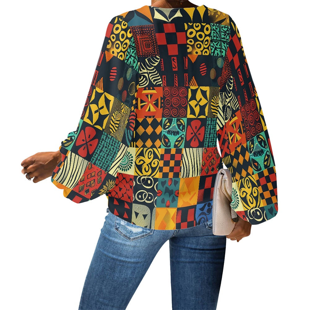 V-Neck Chiffon Puff Sleeve Blouse by Luxtrini