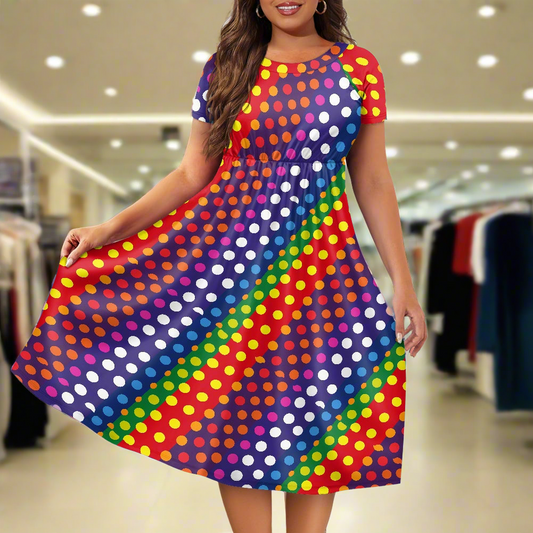 LGBTQ-Friendly Rainbow Polka Dot 
Women's Scoop Neck Short Sleeve Ruffle Dress by Luxtrini