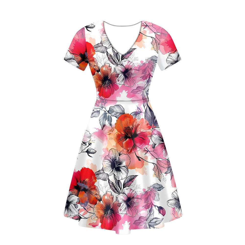 Women V-Neck Short Sleeve Ruffle Dress white