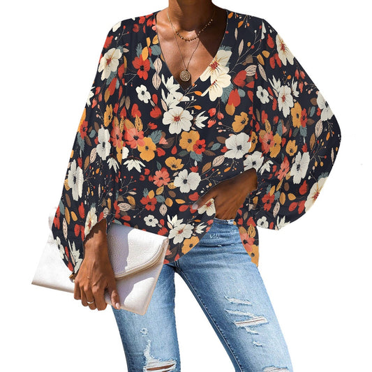 V-Neck Chiffon Puff Sleeve Blouse by Luxtrini 4XL