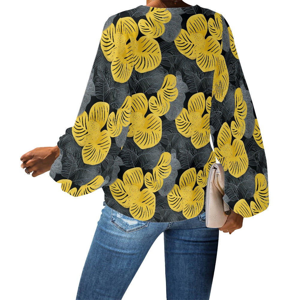 V-Neck Puff Sleeve Chiffon Blouse