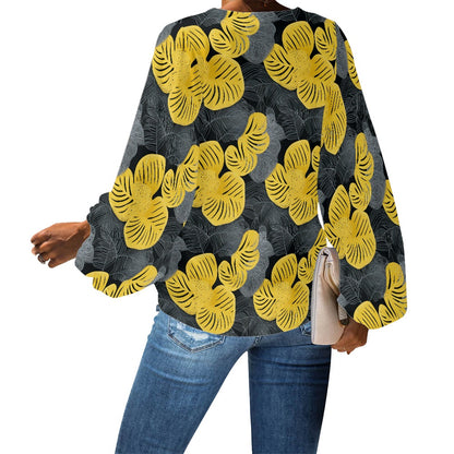 V-Neck Puff Sleeve Chiffon Blouse