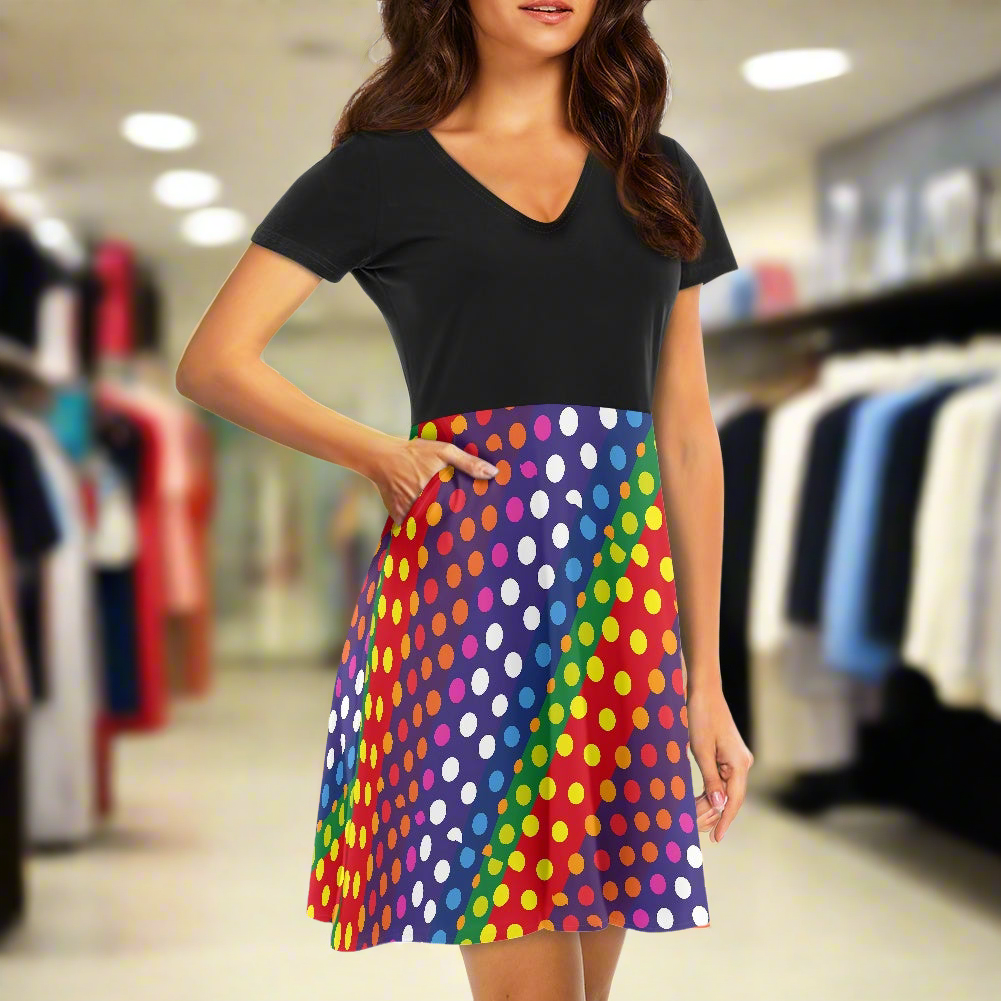 LGBTQ-Friendly Rainbow Polka Dot V-Neck Black Top Women short Sleeve Ruffle Dress by Luxtrini