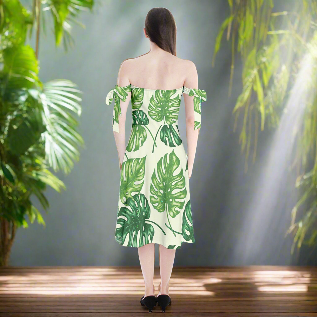 Shoulder Tie Bardot Midi Dress Tropical Palms by Luxtrini