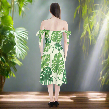 Shoulder Tie Bardot Midi Dress Tropical Palms by Luxtrini