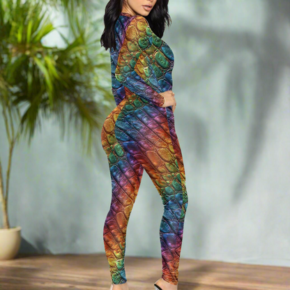 Unique Alligator Skin pattern Rainbow Pride Women's Plunging Neck Jumpsuit