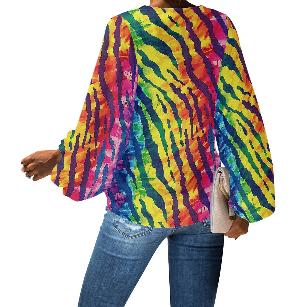 V-Neck Chiffon Puff Sleeve Blouse by Luxtrini