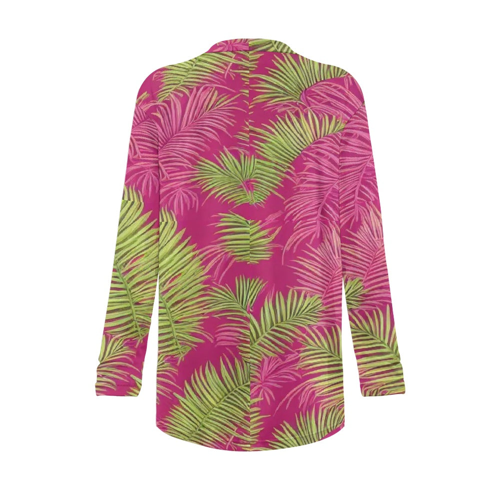 Tropical Palm Leaf Cardigan – Lightweight Stretch Knit Open Front Jacket for Women | Eco-Friendly Resortwear Layer
