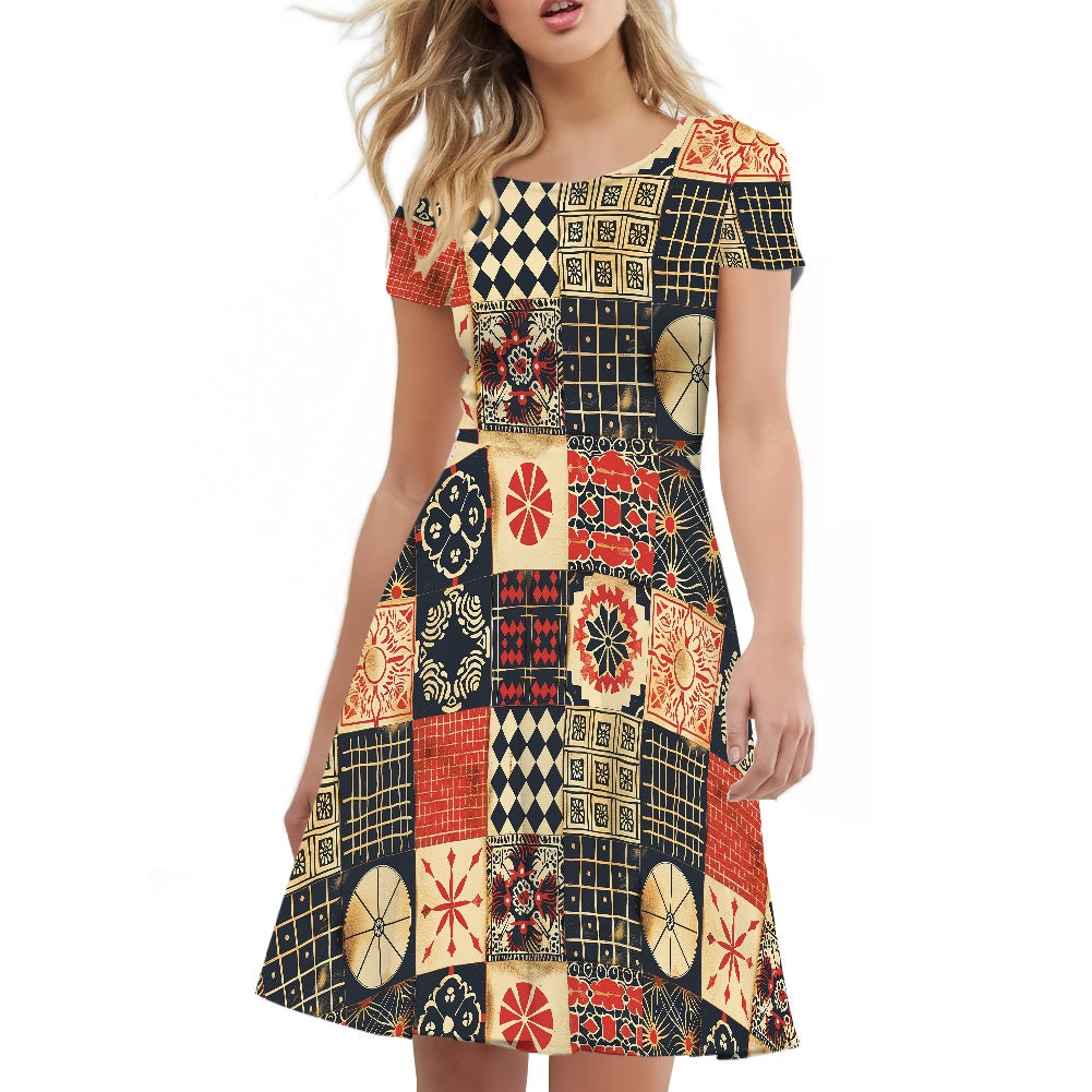 Women Scoop Neck Short Sleeve Ruffle Dress