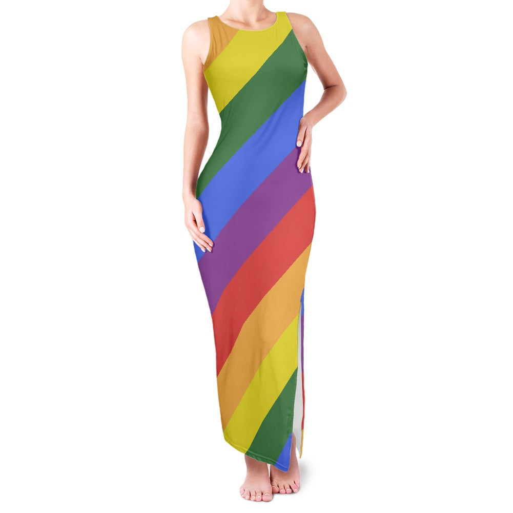 Rainbow Round Neck Double Slit Sundress - Elegant Ankle-Length, Perfect for Office, Party, and Evening Wear