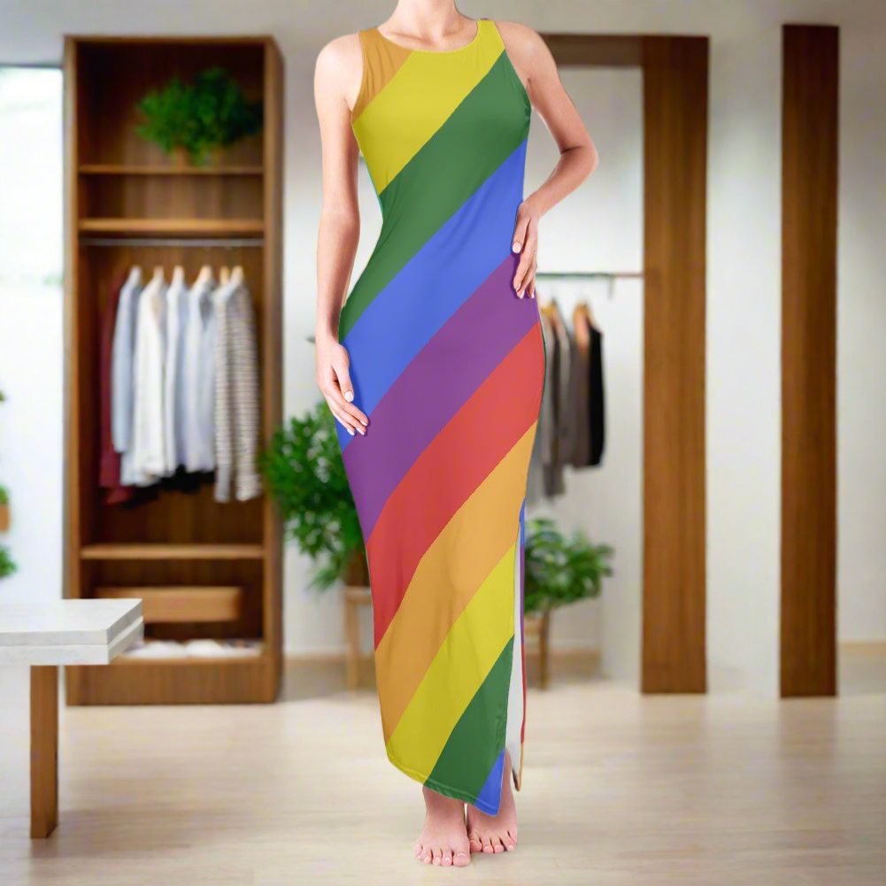 Rainbow Round Neck Double Slit Sundress - Elegant Ankle-Length, Perfect for Office, Party, and Evening Wear