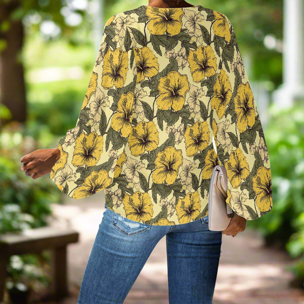 Tropical Yellow Hibiscus V-Neck Chiffon Puff Sleeve Blouse by Luxtrini