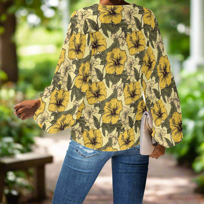 Tropical Yellow Hibiscus V-Neck Chiffon Puff Sleeve Blouse by Luxtrini