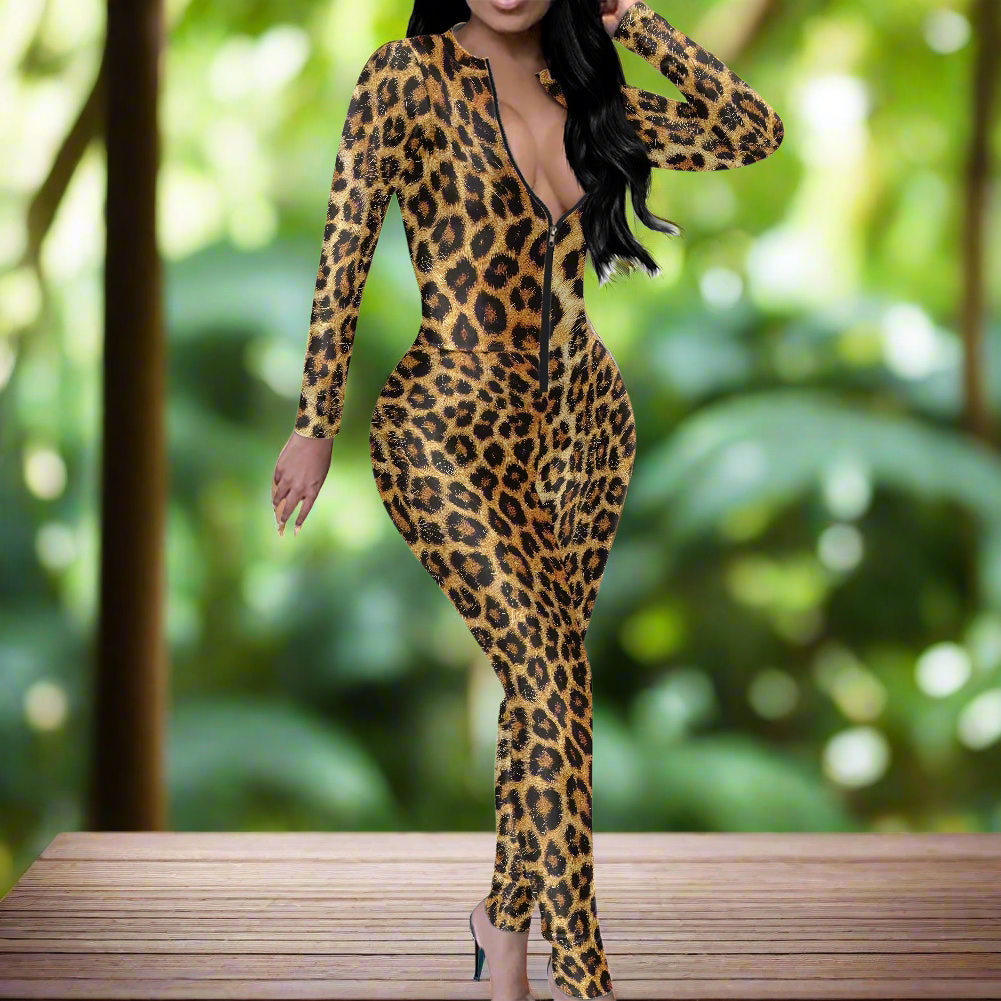 Unique Leopard Skin pattern Women's Plunging Neck Jumpsuit