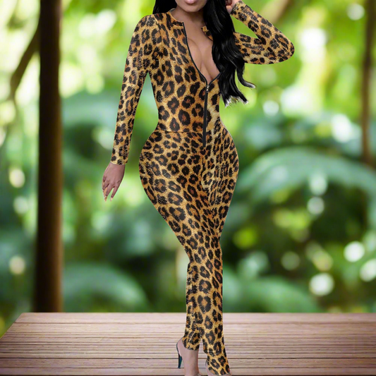 Unique Leopard Skin pattern Women's Plunging Neck Jumpsuit