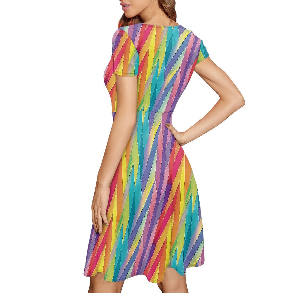 Pastel Chevron Rainbow Stripes Women Scoop Neck Short Sleeve Ruffle Dress