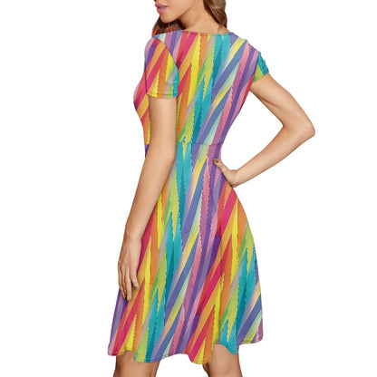 Pastel Chevron Rainbow Stripes Women Scoop Neck Short Sleeve Ruffle Dress