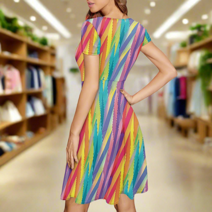 Pastel Chevron Rainbow Stripes Women Scoop Neck Short Sleeve Ruffle Dress