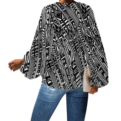 Black and White Tribal Art Pattern V-Neck Chiffon Puff Sleeve Blouse by Luxtrini