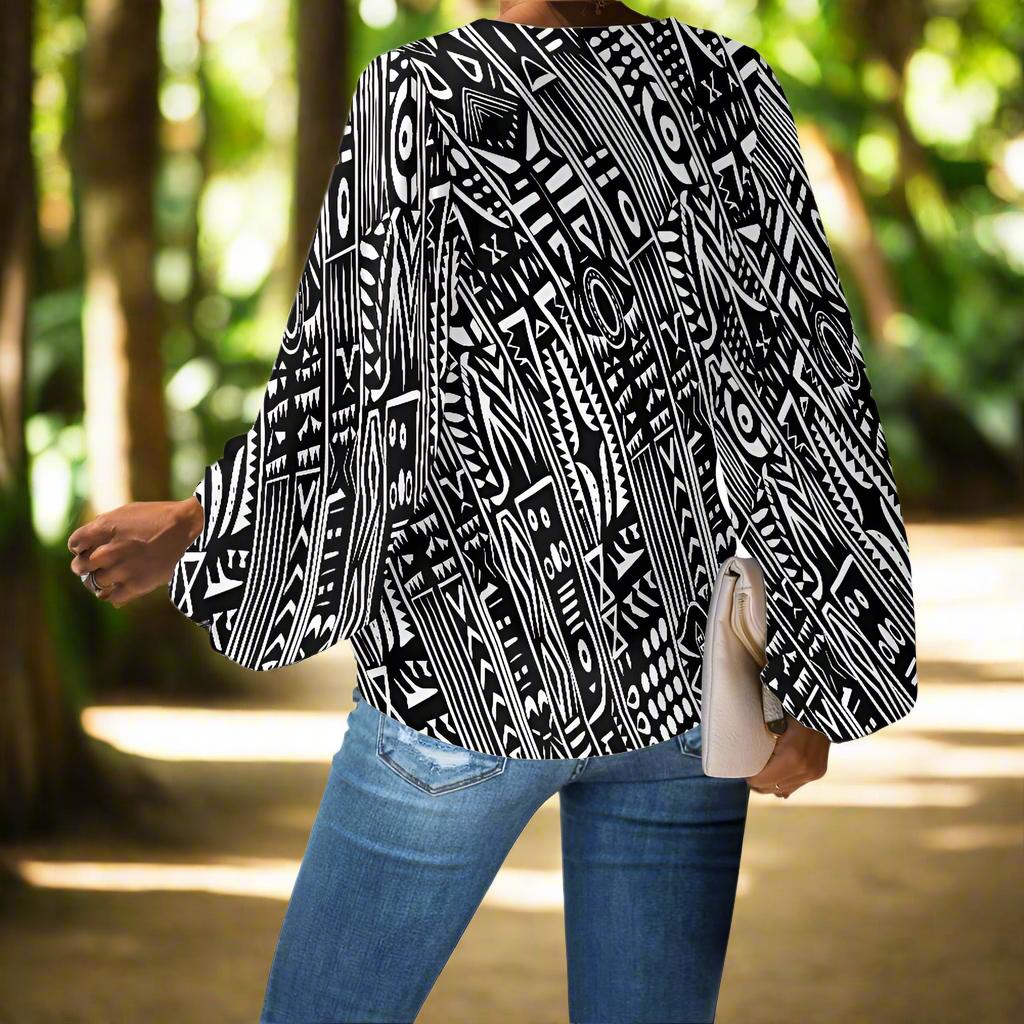 Black and White Tribal Art Pattern V-Neck Chiffon Puff Sleeve Blouse by Luxtrini