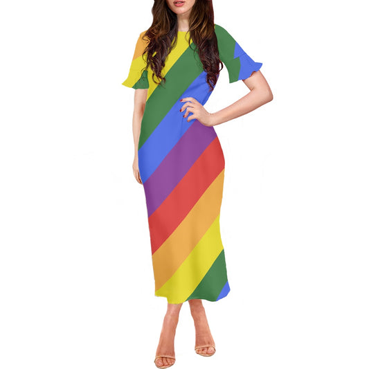 Rainbow Stylish Scoop Neck Ankle-Length Dress with Unique Ruffled Sleeves for Women white