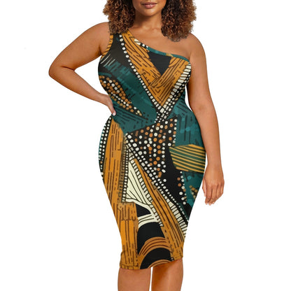 Discover Elegance: Luxtrini's One-Shoulder Slim Dress - Ethnic Green & Orange