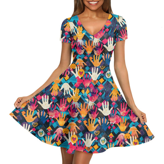 Women V-Neck Short Sleeve Ruffle Dress