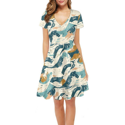 Abstract Waves Women V-Neck Short Sleeve Ruffle Dress