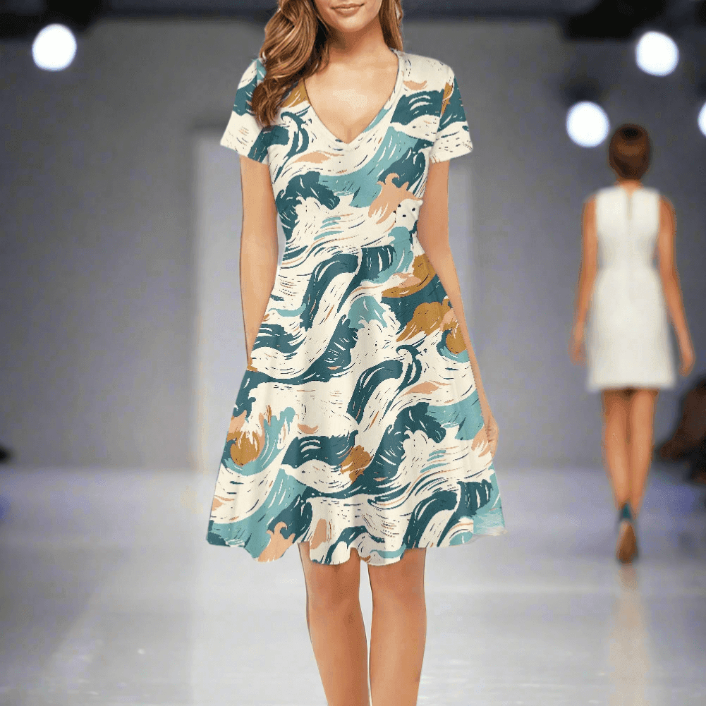 Abstract Waves Women V-Neck Short Sleeve Ruffle Dress