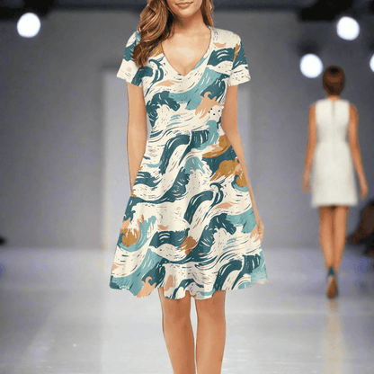 Abstract Waves Women V-Neck Short Sleeve Ruffle Dress